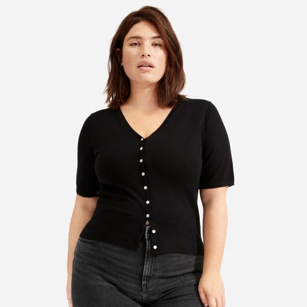 Everlane Cotton–Merino Short-Sleeve Cardigan black, size XL